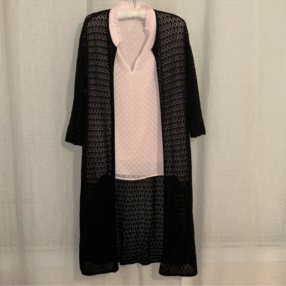 J. Jill S Black Knit Eyelet Quarter Sleeve Long Cardigan Duster